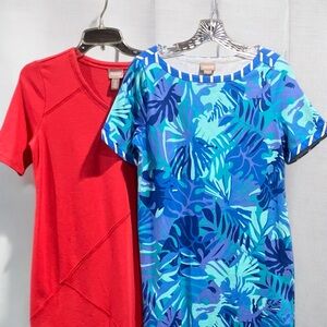 2 Chicos Knit Dresses Solid Red Orange And Blue Leaf Print Size 0 (US Small)